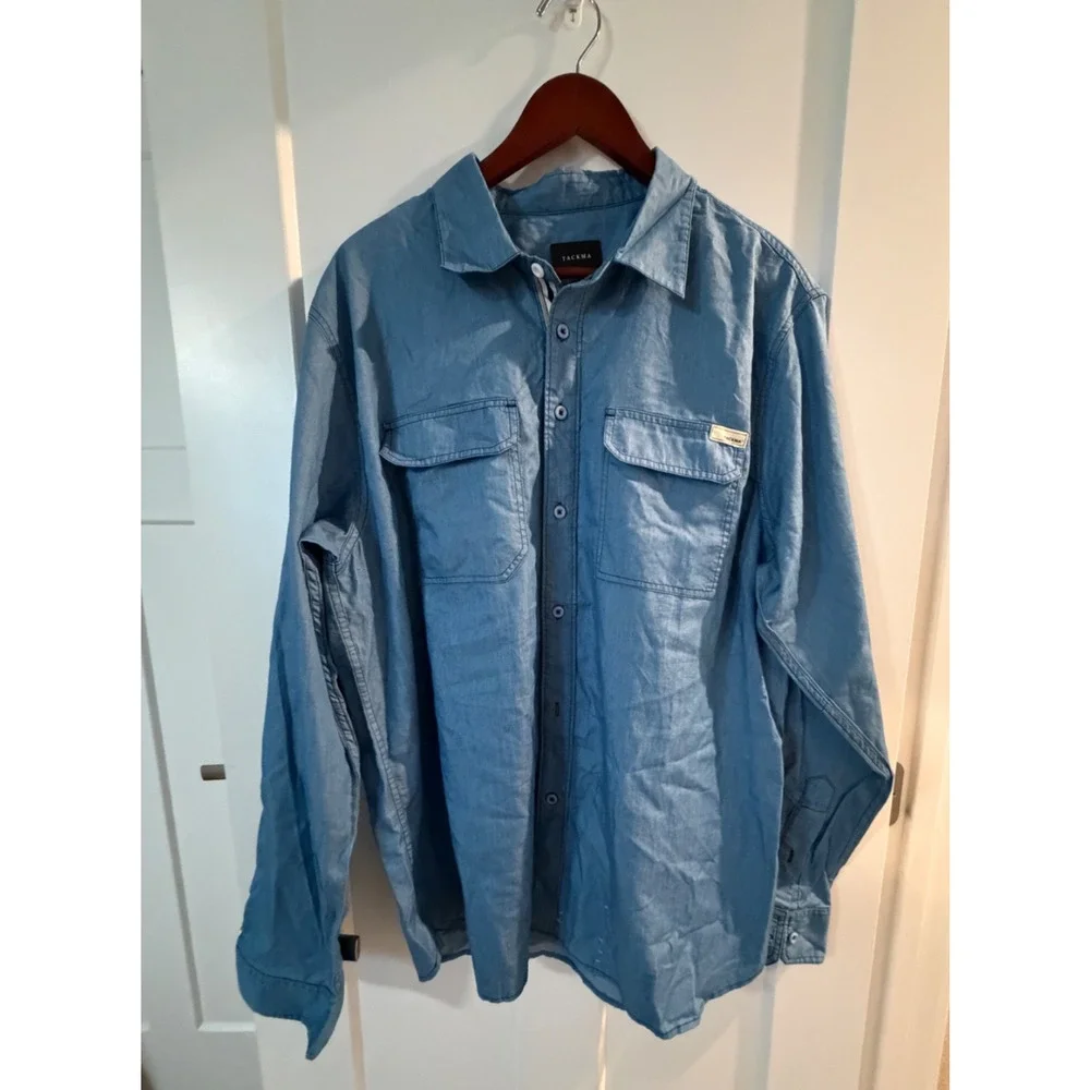 Tackma Chambray Blue Button Down Longsleeve Shirt Men Streetwear EXTRA LARGE XL